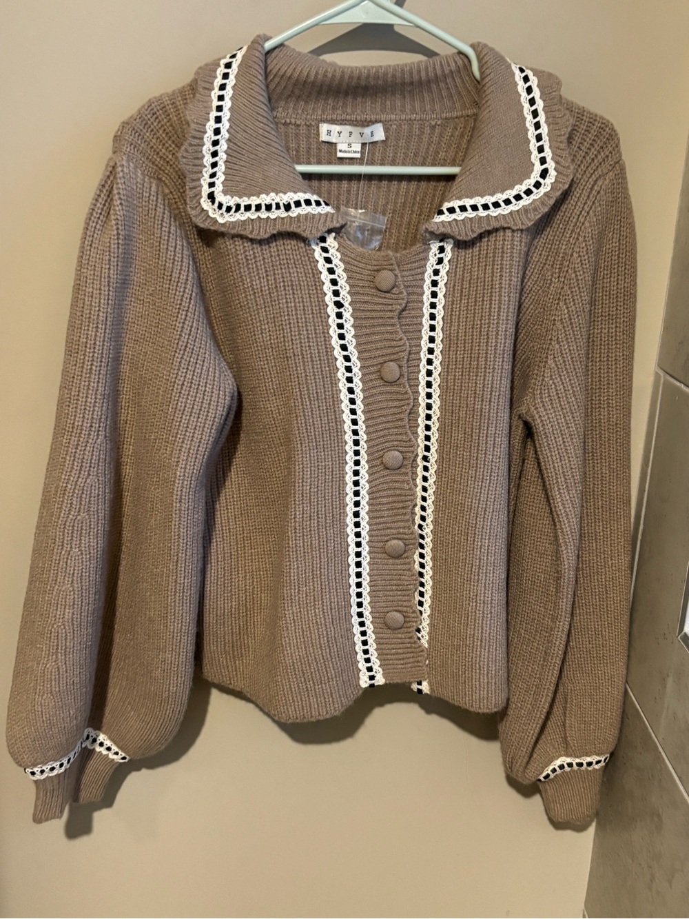 HYFVE Taupe Knit Cardigan with White Crochet Trim